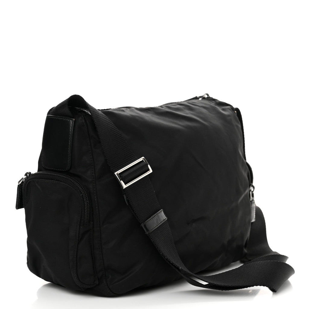 Re-Nylon Vela Saffiano Pocket Double Zip Shoulder Bag Black