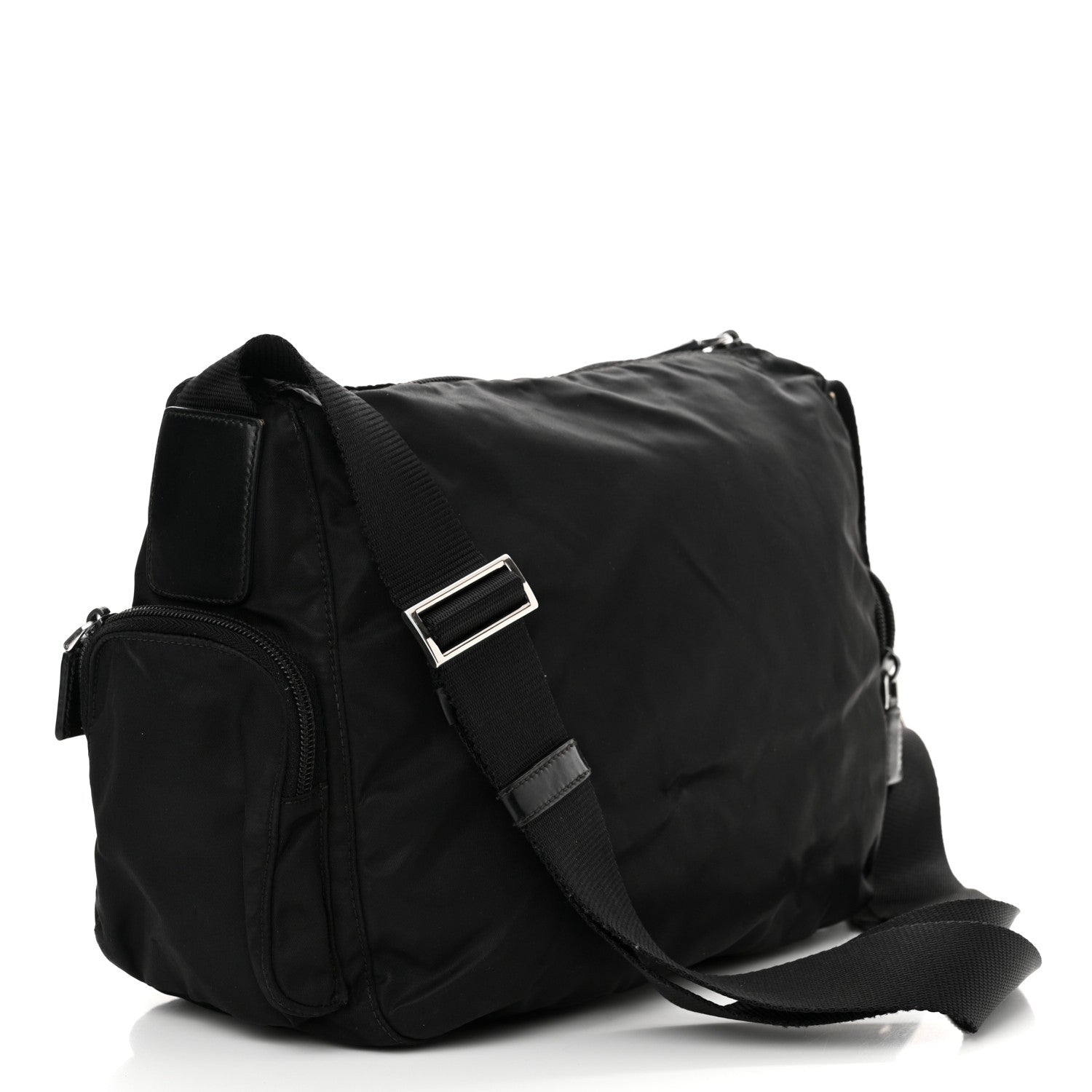 Re-Nylon Vela Saffiano Pocket Double Zip Shoulder Bag Black
