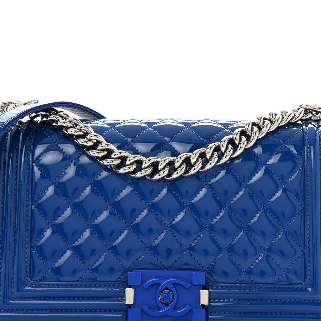 Patent Calfskin Quilted Medium Plexiglass Boy Flap Blue