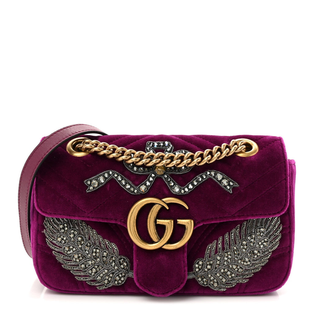 Velvet Matelasse Embroidered Mini GG Marmont Shoulder Bag Bordeaux