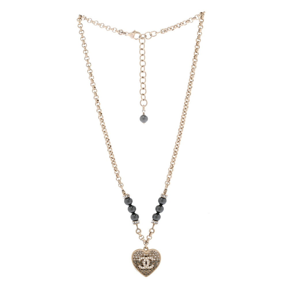 Pearl Resin Crystal Heart CC Pendant Chain Necklace Ruthenium Light Gold