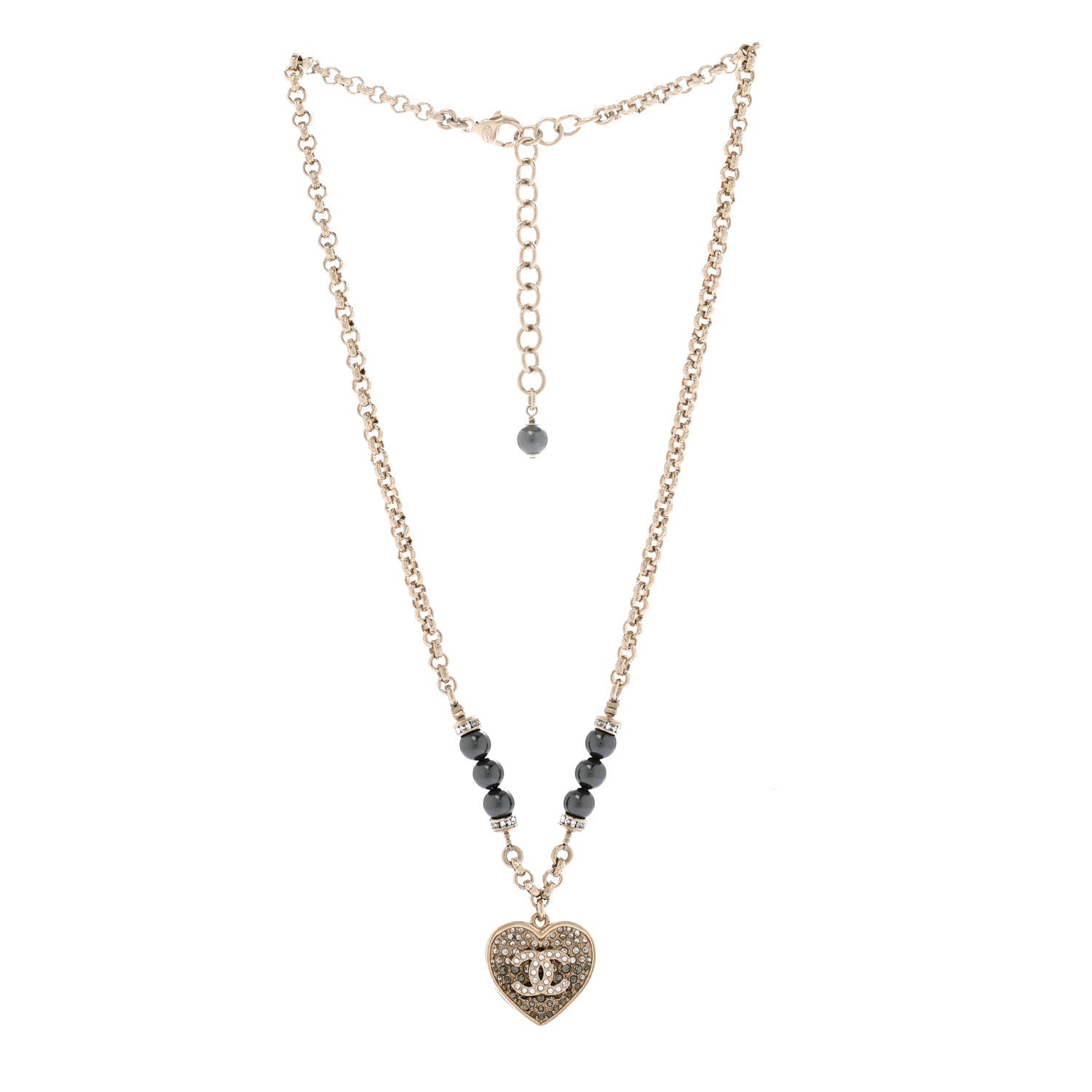 Pearl Resin Crystal Heart CC Pendant Chain Necklace Ruthenium Light Gold