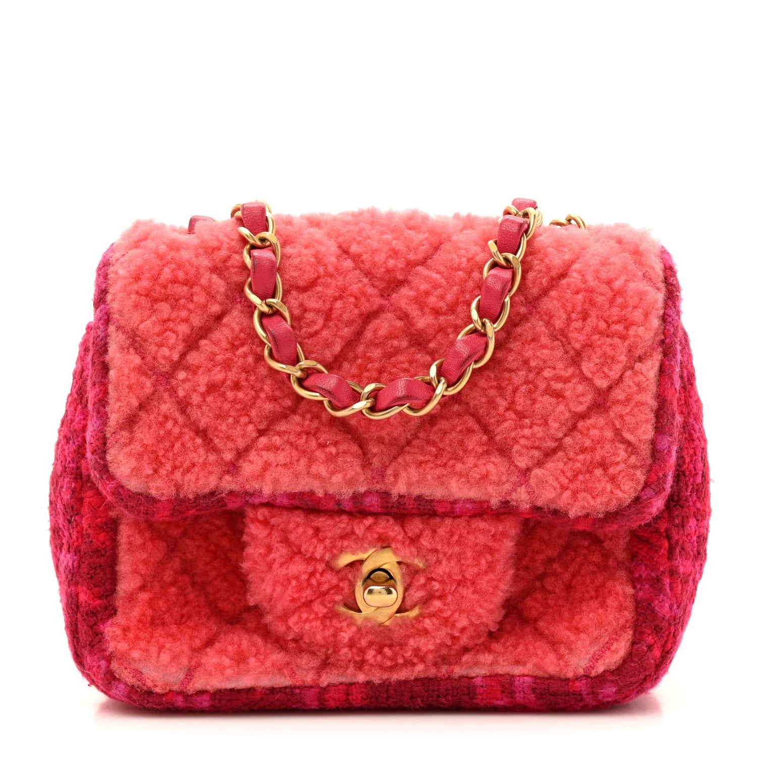 Shearling Tweed Quilted Mini Square Flap Bag Pink