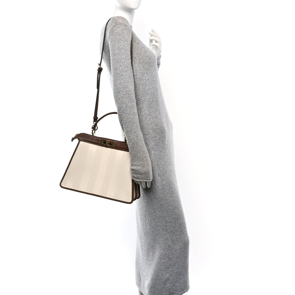 Canvas Pequin Calfskin Ceylon Medium Peekaboo I SEE U Satchel Grezzo Gianduia
