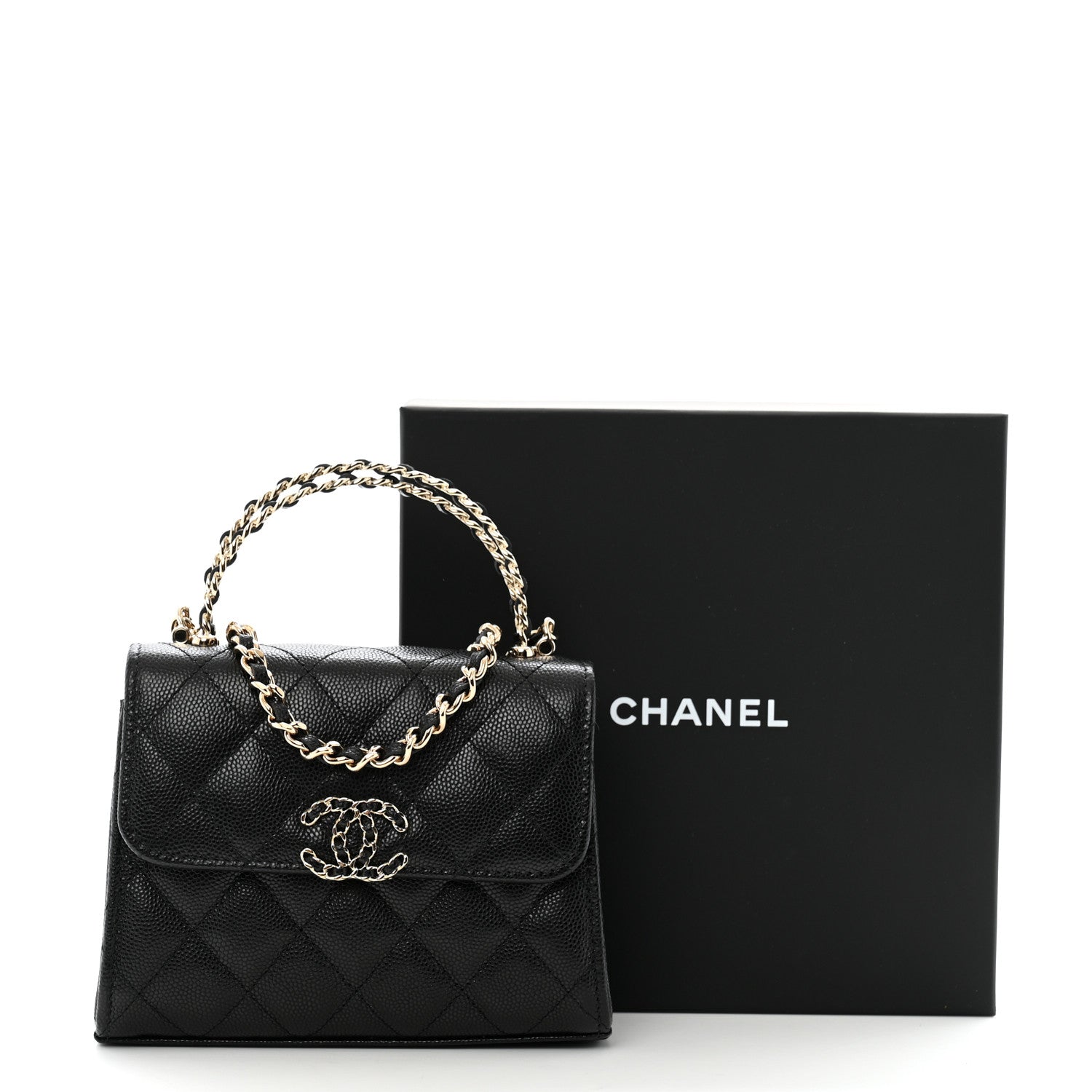 Caviar Quilted Double Chain Top Handle Flap With Chain Black