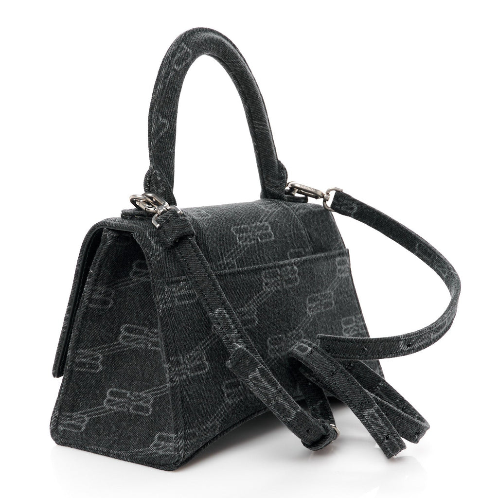 Washed Denim BB Monogram Small Hourglass Top Handle Bag Black
