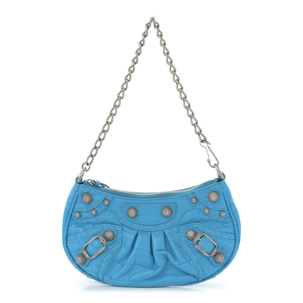 Extra Supple Calfskin Crocodile Embossed Crystal Mini Le Cagole Purse With Chain Cyan