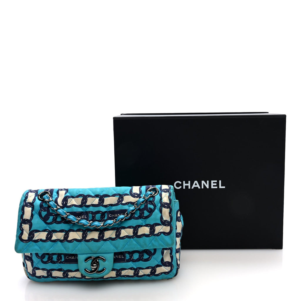 Silk Chain Printed Medium Single Flap Blue