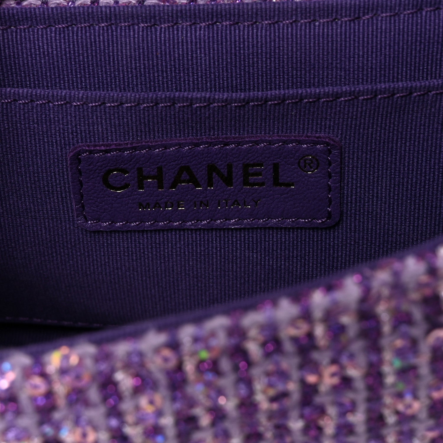 Tweed Sequin Quilted Baywatch Top Handle Flap Purple Silver Light Purple