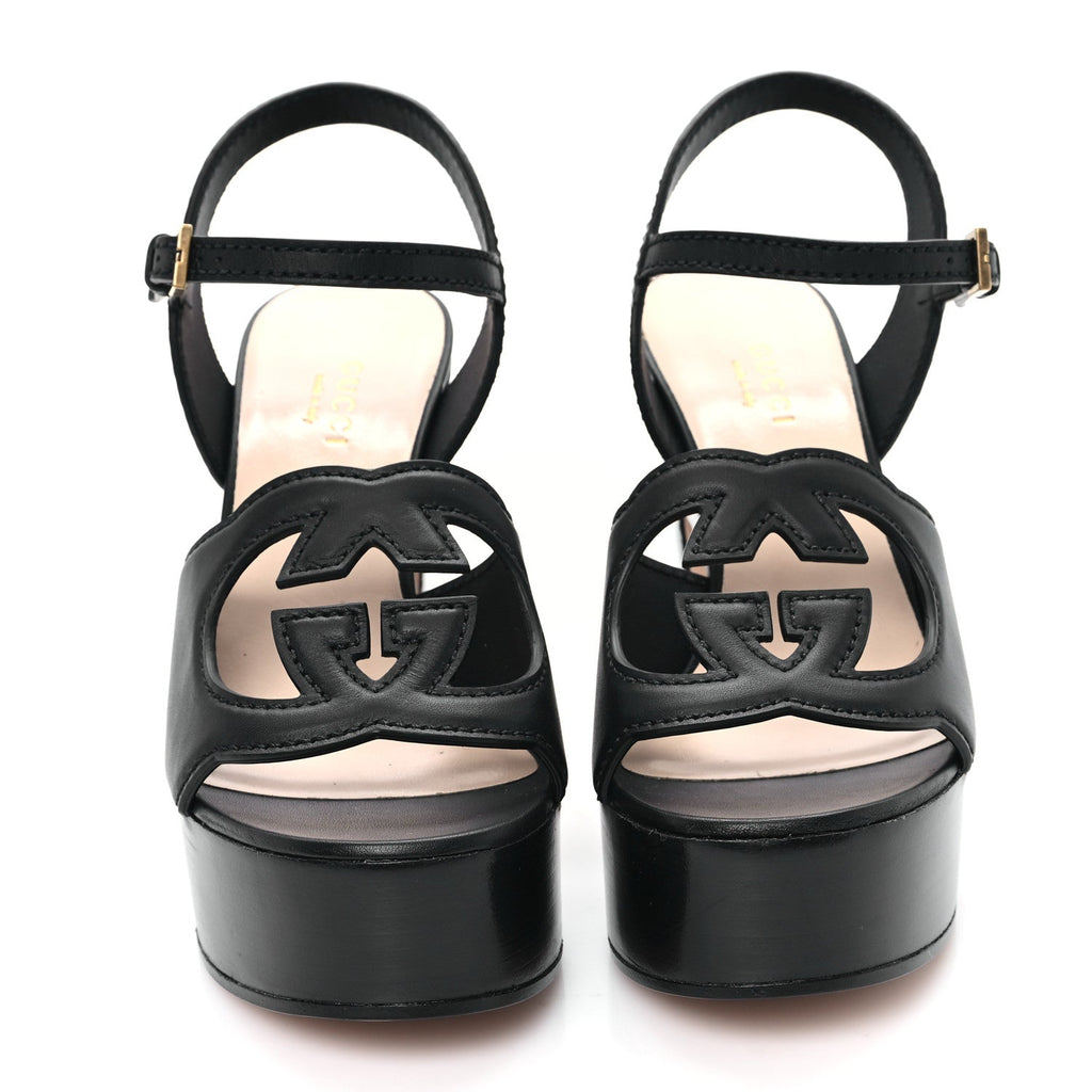 Cosmos Softy Calfskin Wooden Interlocking G Cut-Out 30/120mm Platform Sandals 35 Black