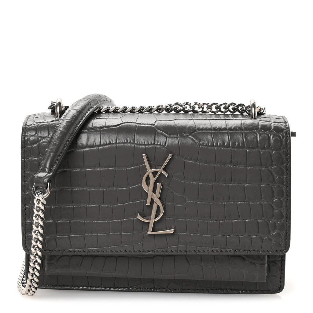 Calfskin Crocodile Embossed Monogram Sunset Chain Wallet Asphalt