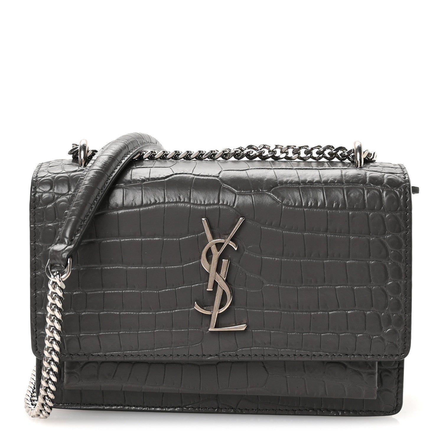 Calfskin Crocodile Embossed Monogram Sunset Chain Wallet Asphalt