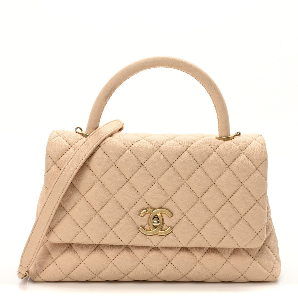 Caviar Quilted Small Coco Handle Flap Beige