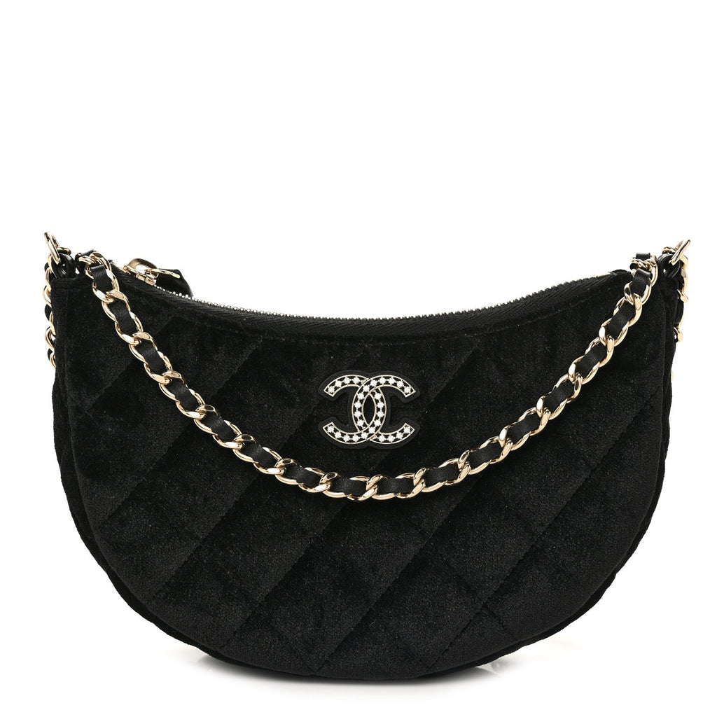 Velvet Crystal Quilted Chain Hobo Black