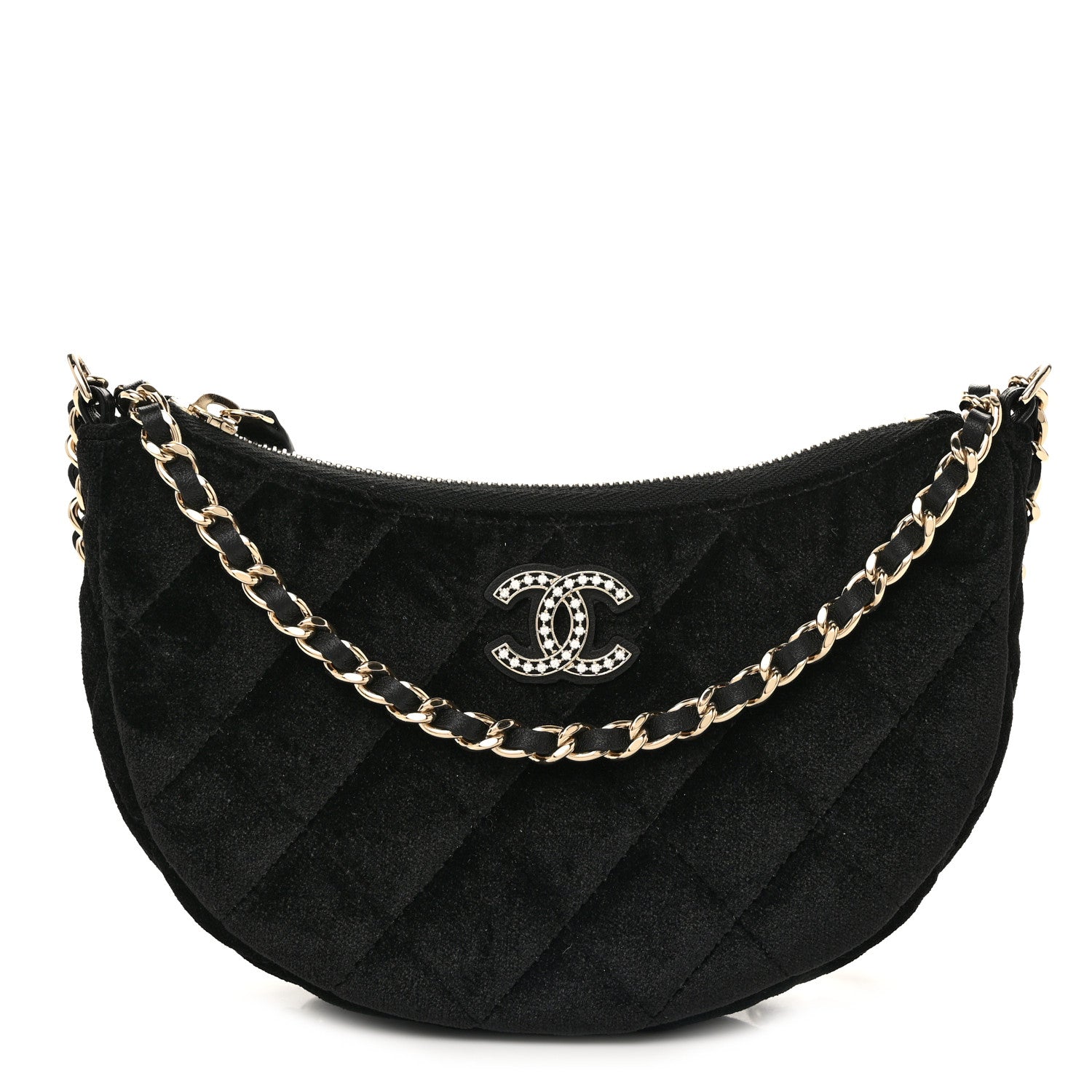 Velvet Crystal Quilted Chain Hobo Black