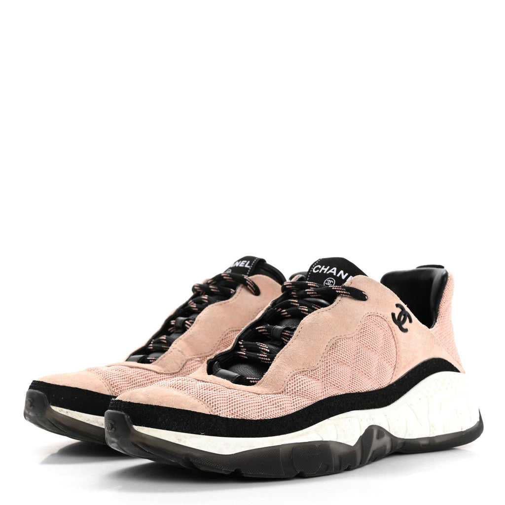 Mesh Suede Calfskin Quilted Sneakers 40 Pink Beige