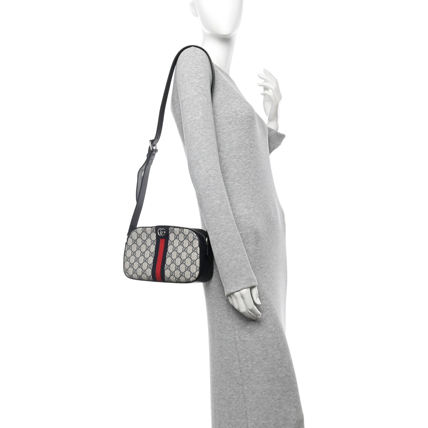 GG Supreme Monogram Textured Dollar Calfskin Web Small Ophidia Camera Bag Beige Blue