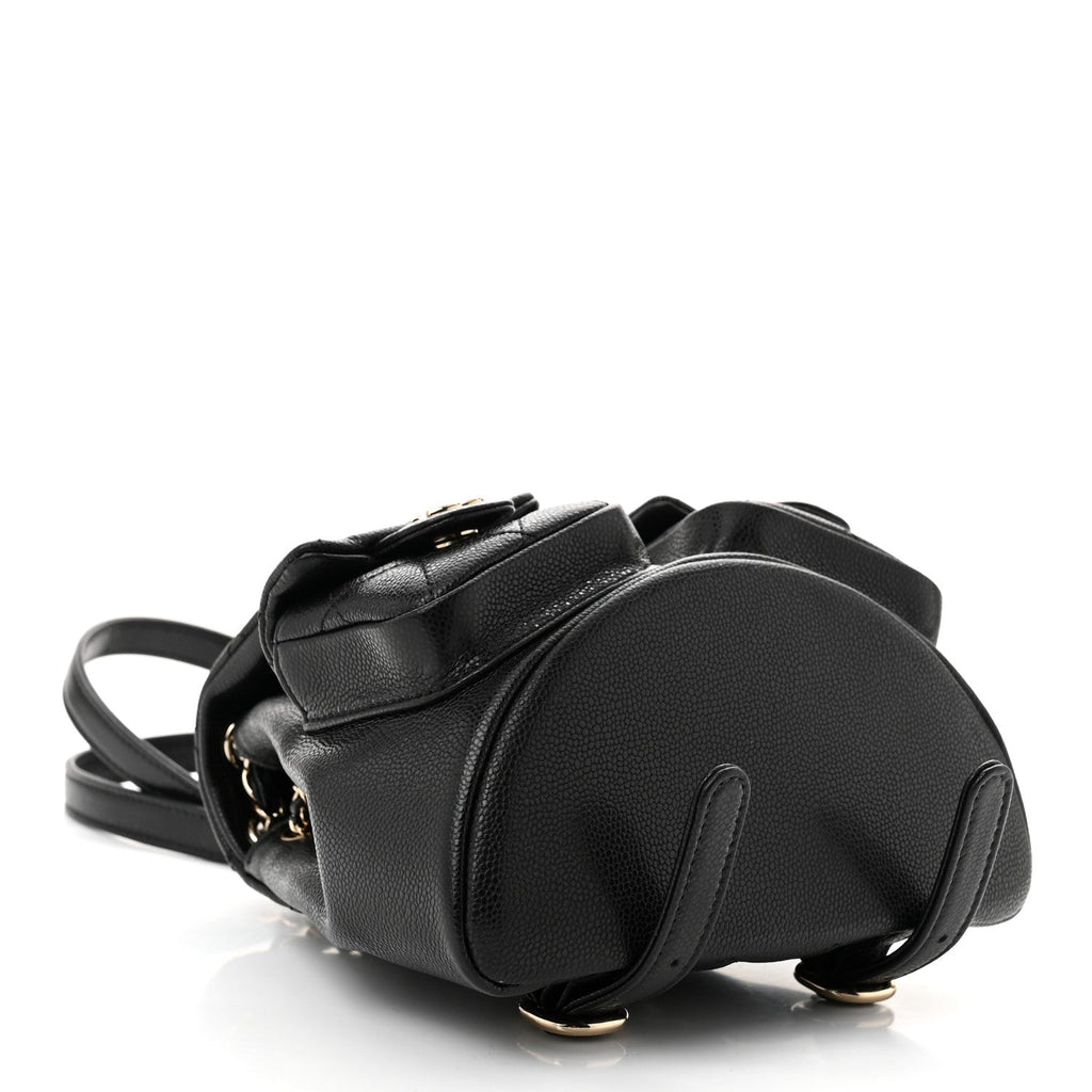 Shiny Caviar Quilted Small Duma Pockets Drawstring Backpack Black