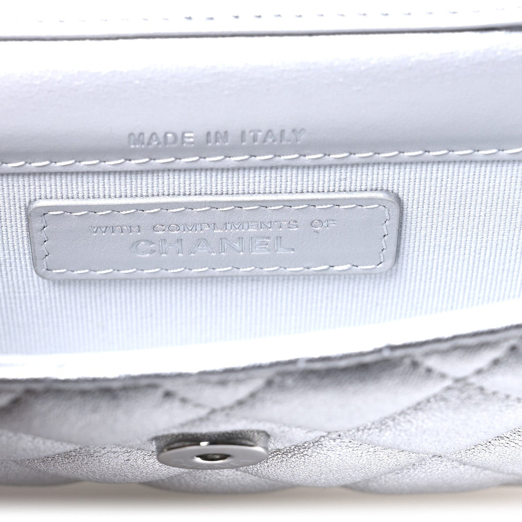 Metallic Goatskin Quilted Crystal CC Walk Of Fame Clutch With Chain Silver