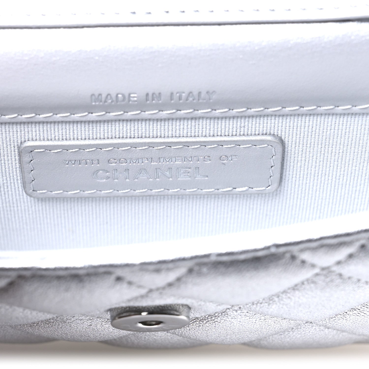 Metallic Goatskin Quilted Crystal CC Walk Of Fame Clutch With Chain Silver