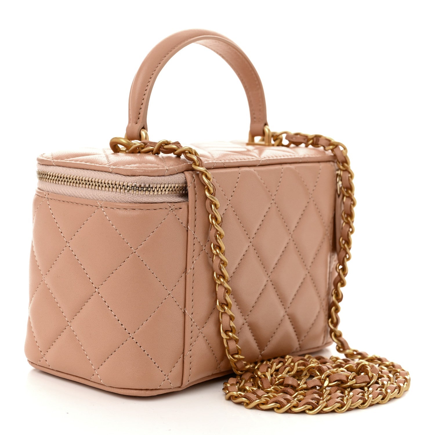 Lambskin Quilted Small Top Handle Vanity Case With Chain Beige