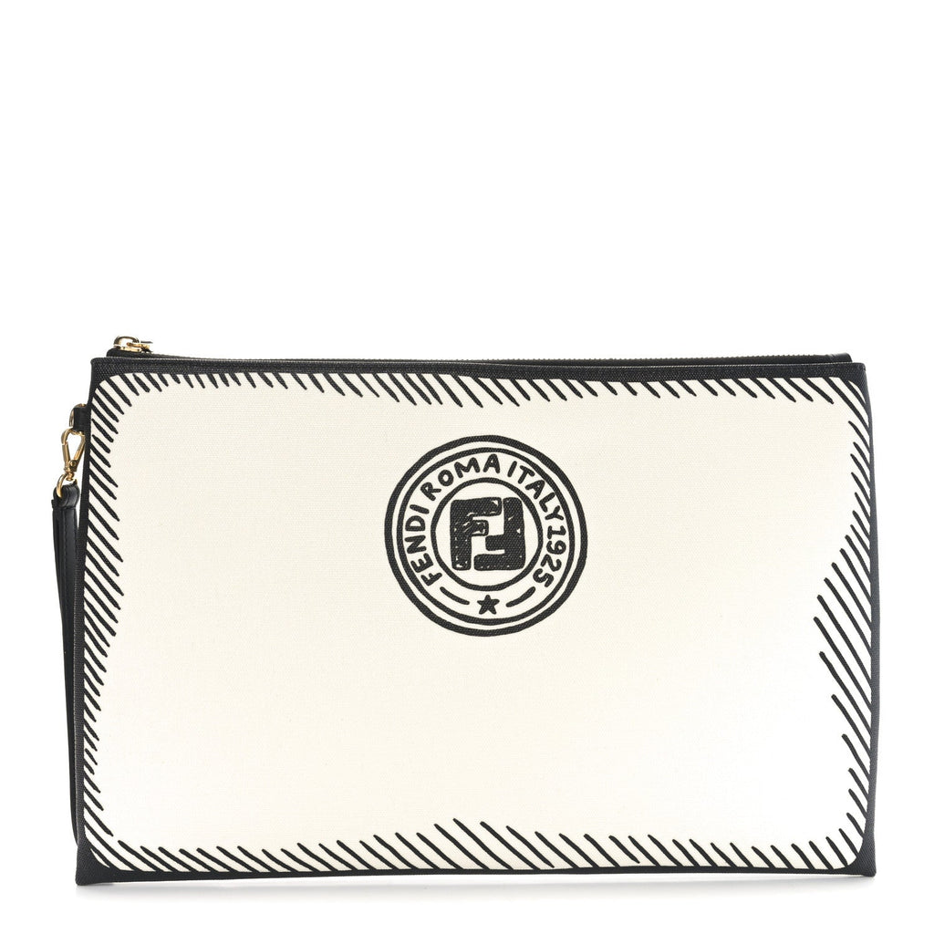 X JOSHUA VIDES Coated Canvas Stamp Patch Large Flat Pouch White Black