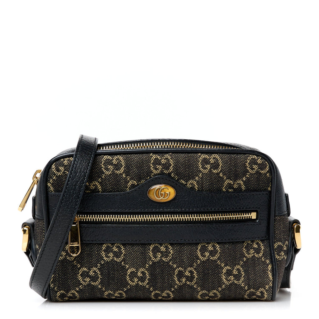 Jacquard Black Denim GG Monogram Textured Dollar Calfskin Mini Ophidia Shoulder Bag Black Ivory