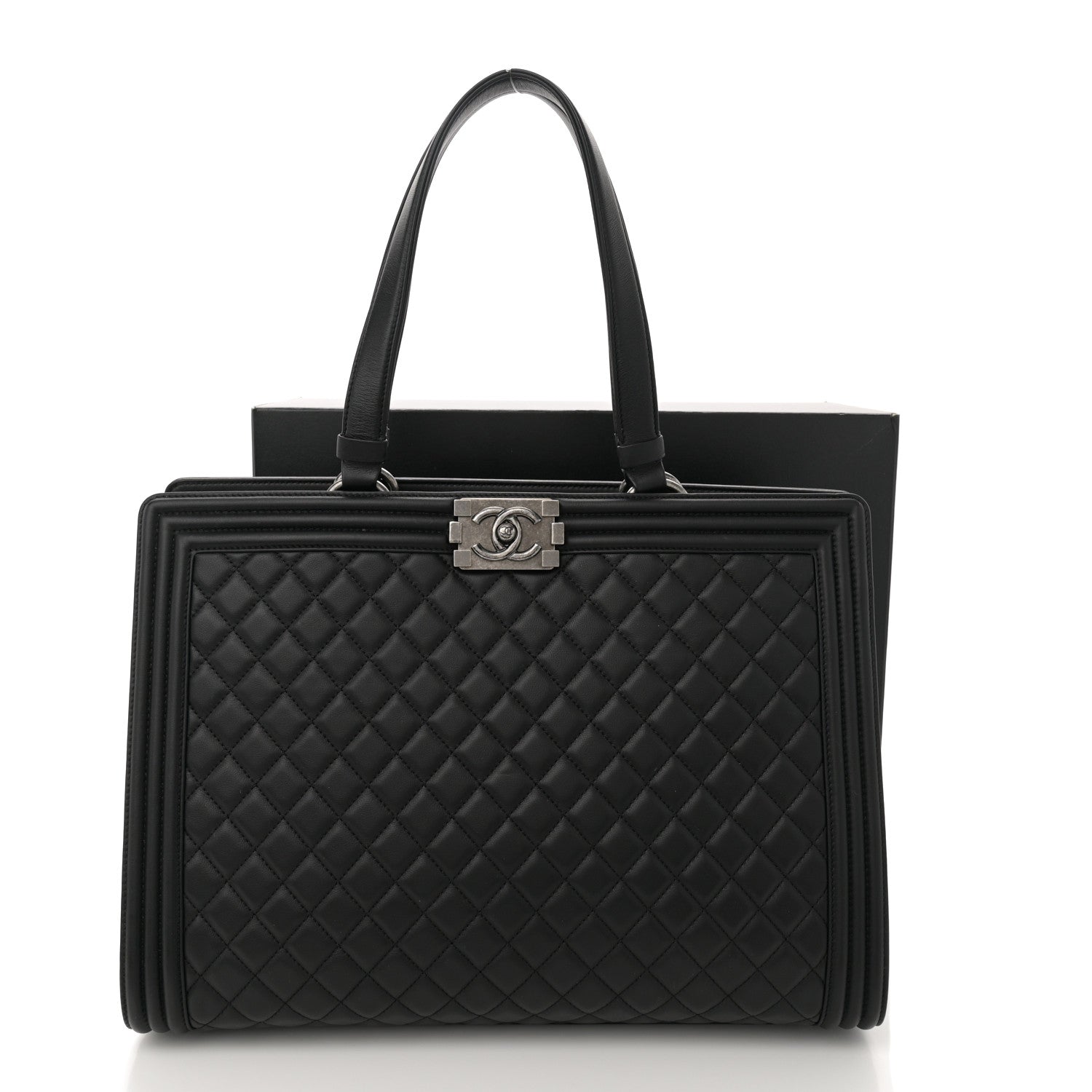 Calfskin Quilted Boy Shopping Tote Black