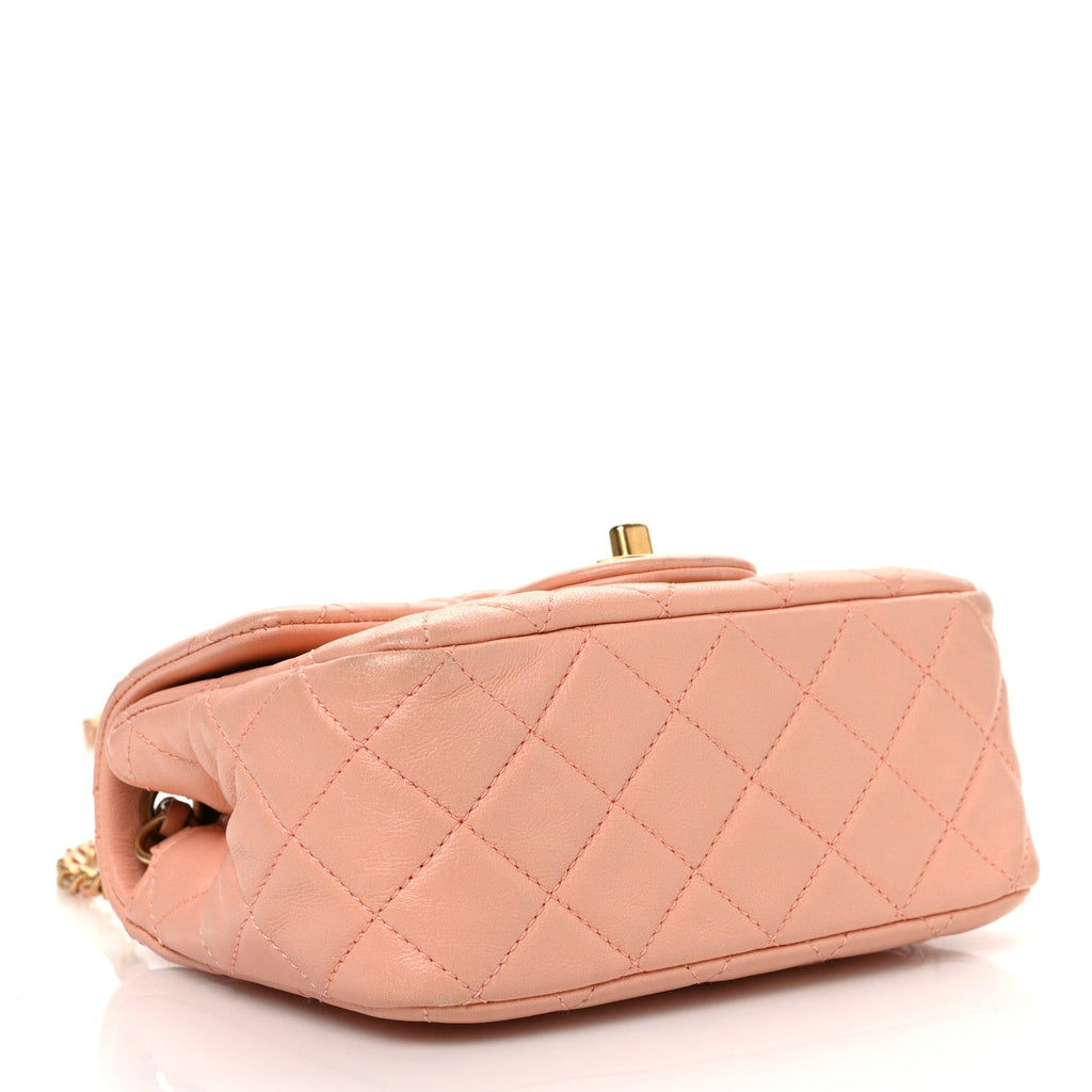 Lambskin Quilted Mini Pearl Crush Flap Light Orange