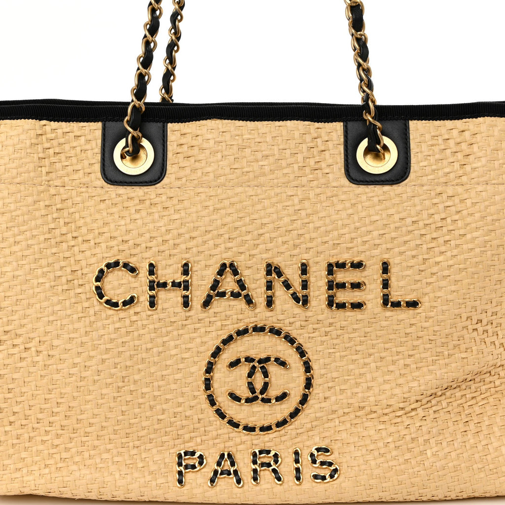 Straw Raffia Calfskin Chain Small Deauville Tote Beige Black