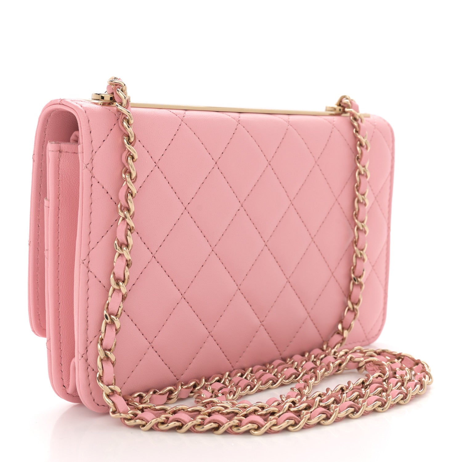 Lambskin Quilted Trendy CC Wallet On Chain WOC Pink