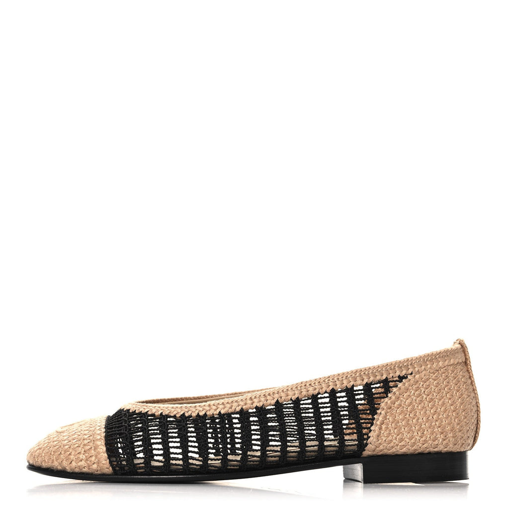 Raffia Cap Toe Ballerina Flats 36.5 Black Beige