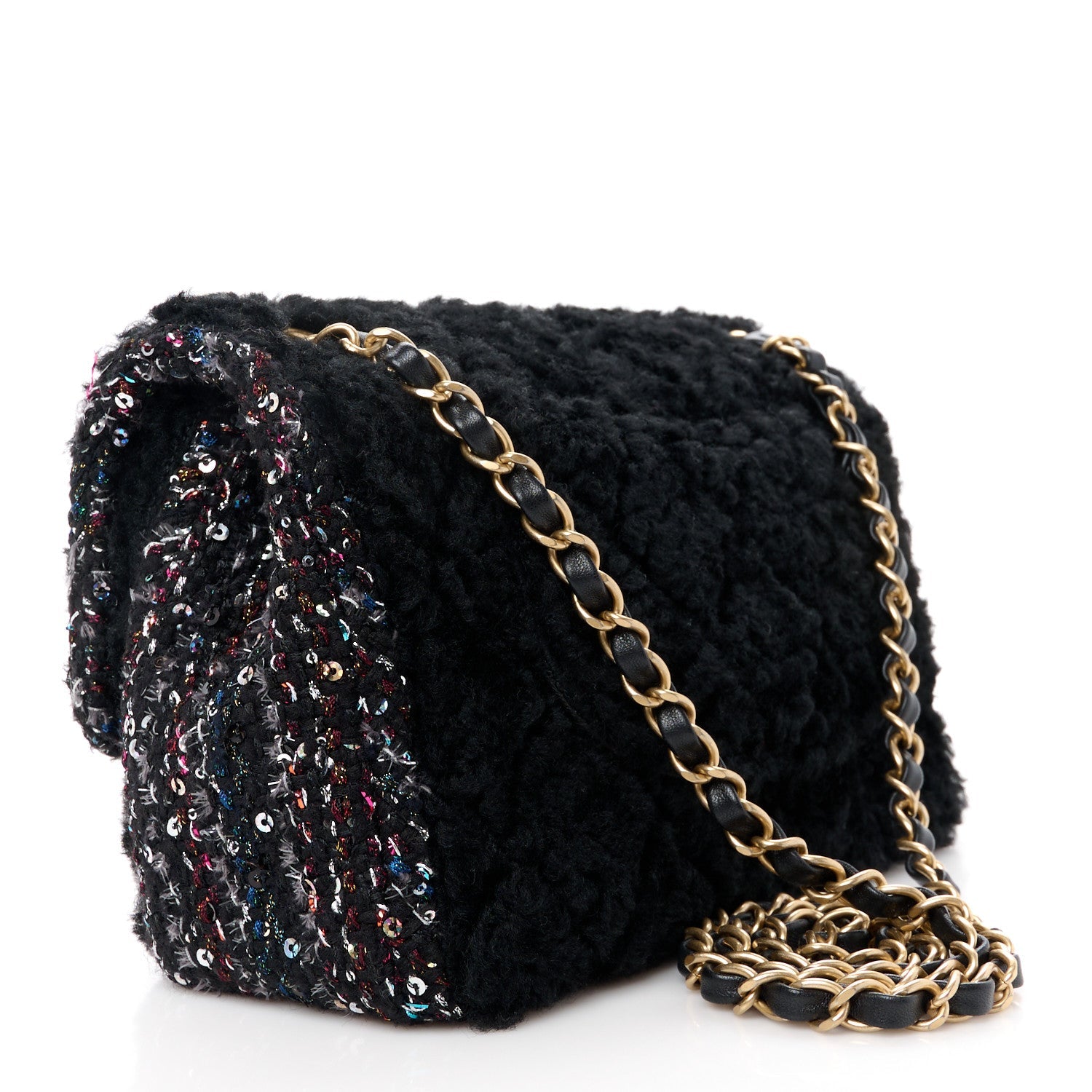 Shearling Sheepskin Tweed Quilted Single Flap Black