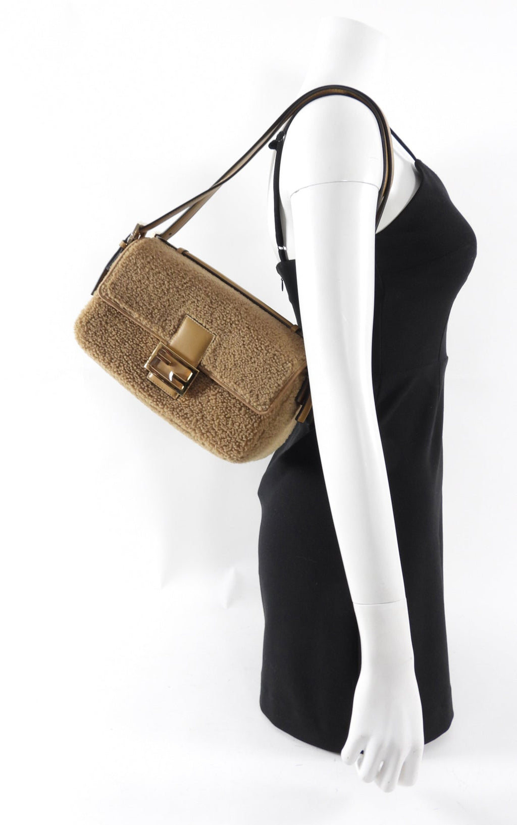 Fendi Brown Shearling Double Flap Baguette Bag