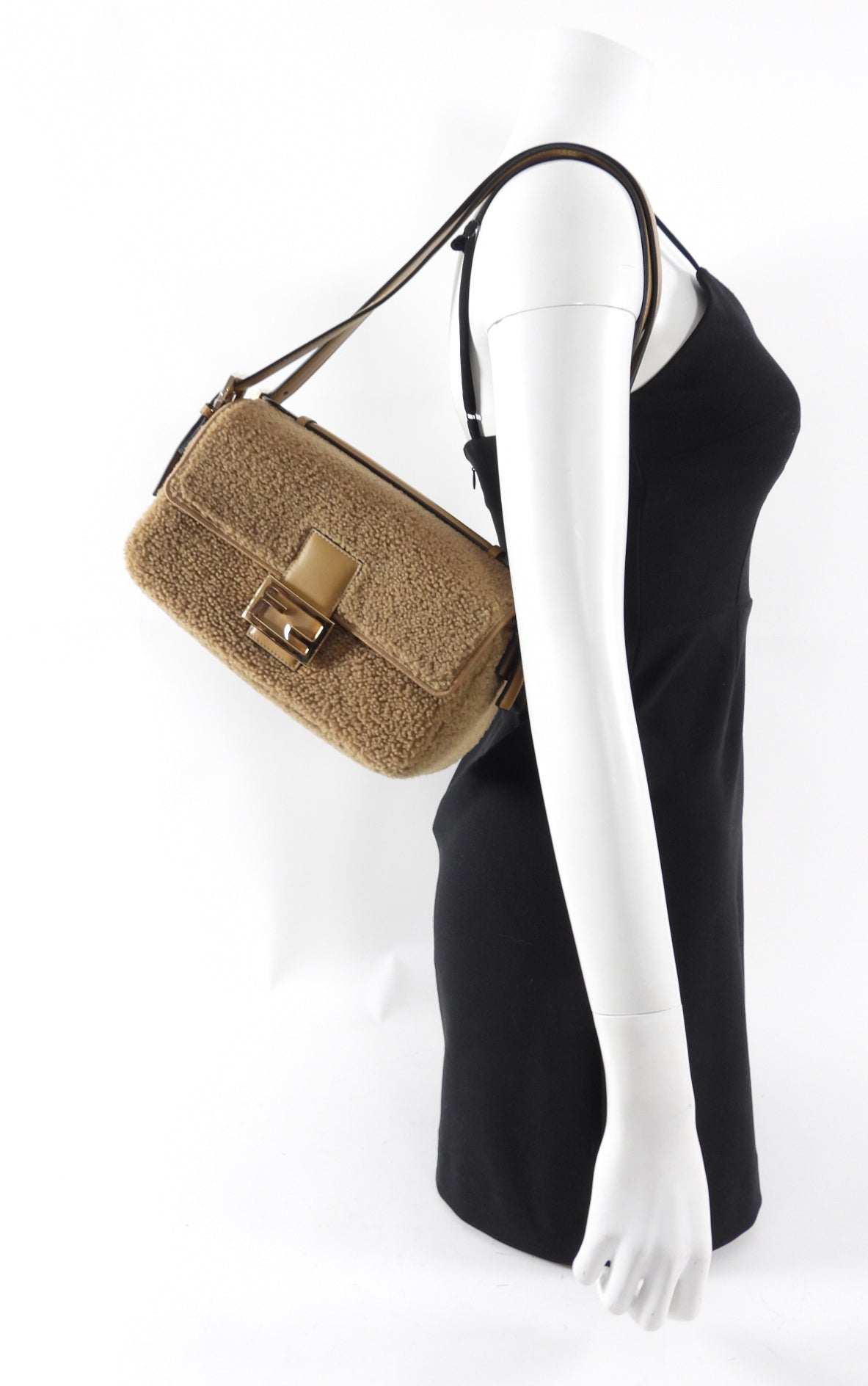 Fendi Brown Shearling Double Flap Baguette Bag