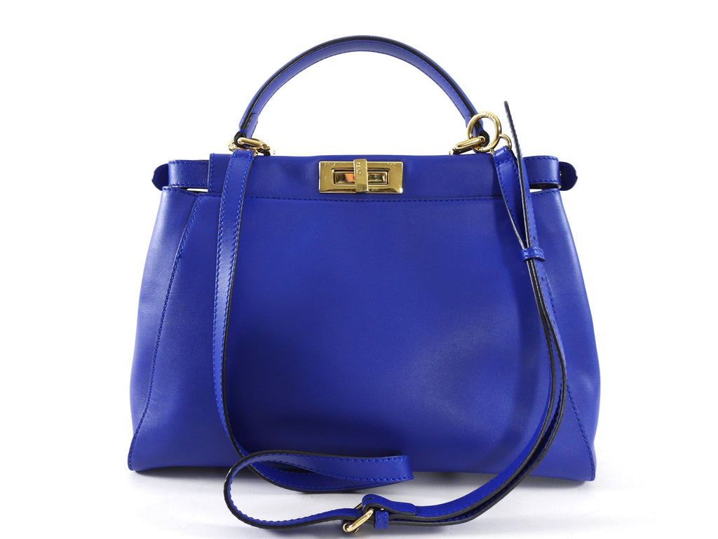 Fendi Blue Leather Peekaboo Medium Bag with Pequin Lining