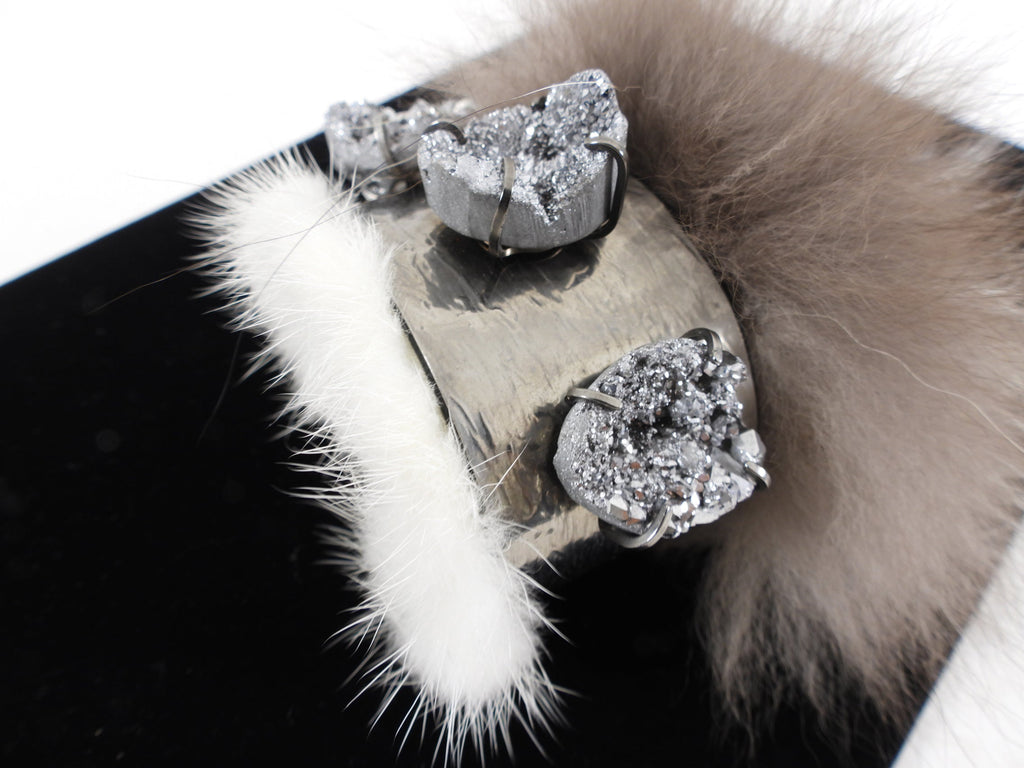 Fendi Silver Fox Fur Druzy Quartz Cuff Bracelet