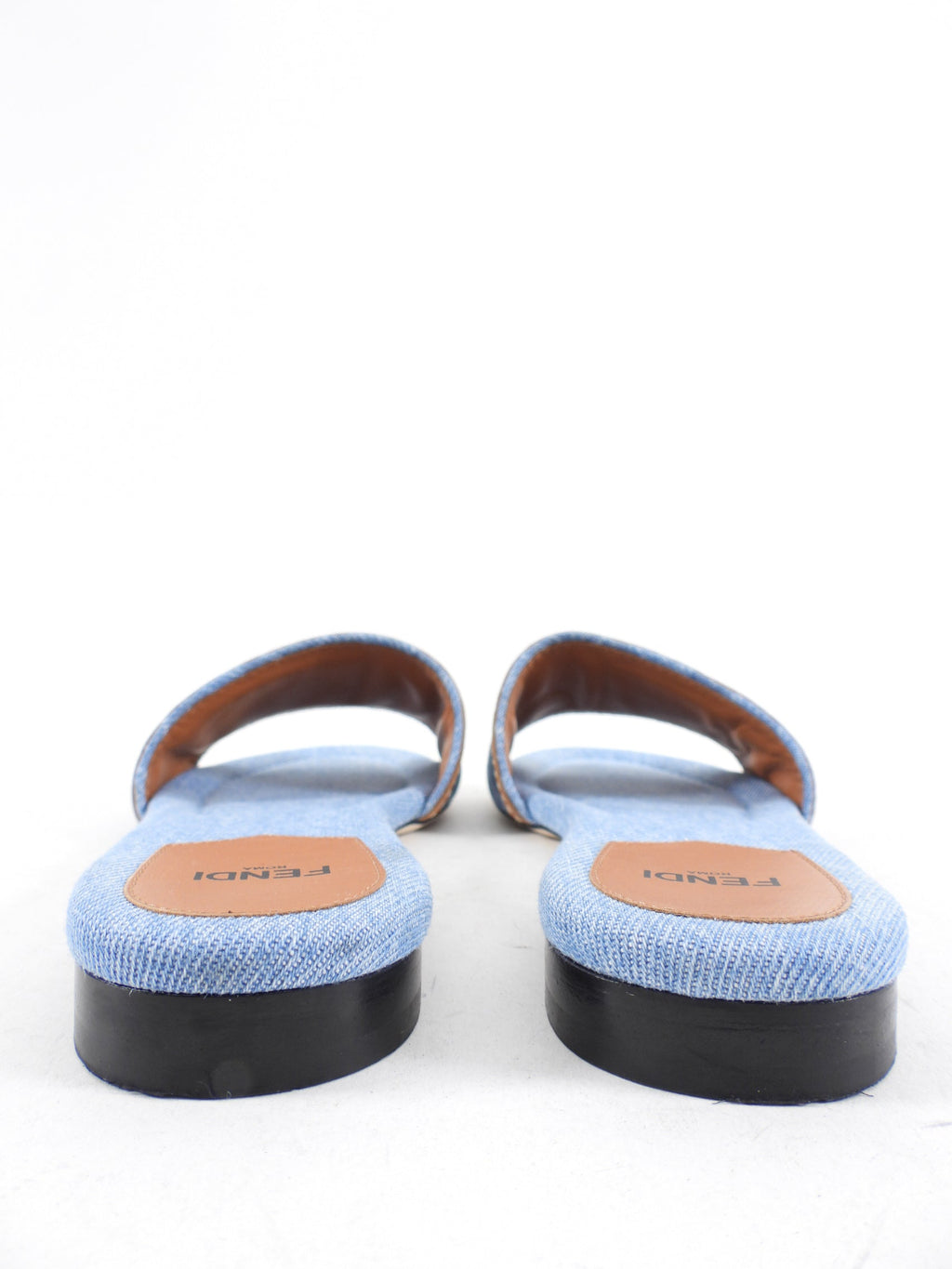 Fendi Blue Denim and Tan Leather Logo Flat Sandals - 37