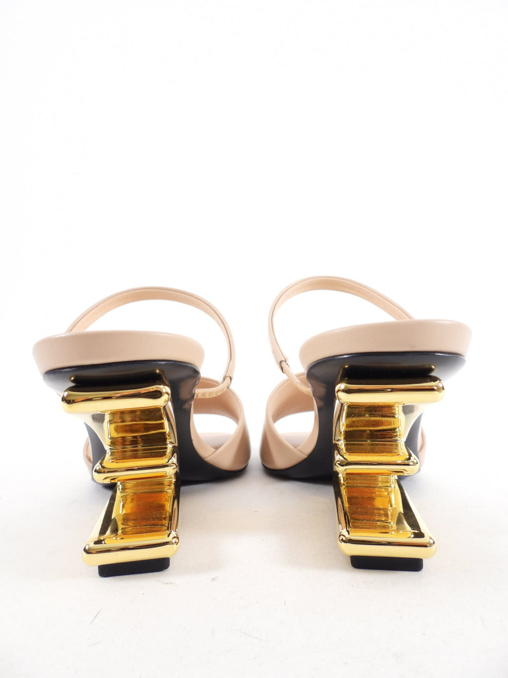 Fendi First Nude Leather Mid Gold Metal Heel Sandals - 37
