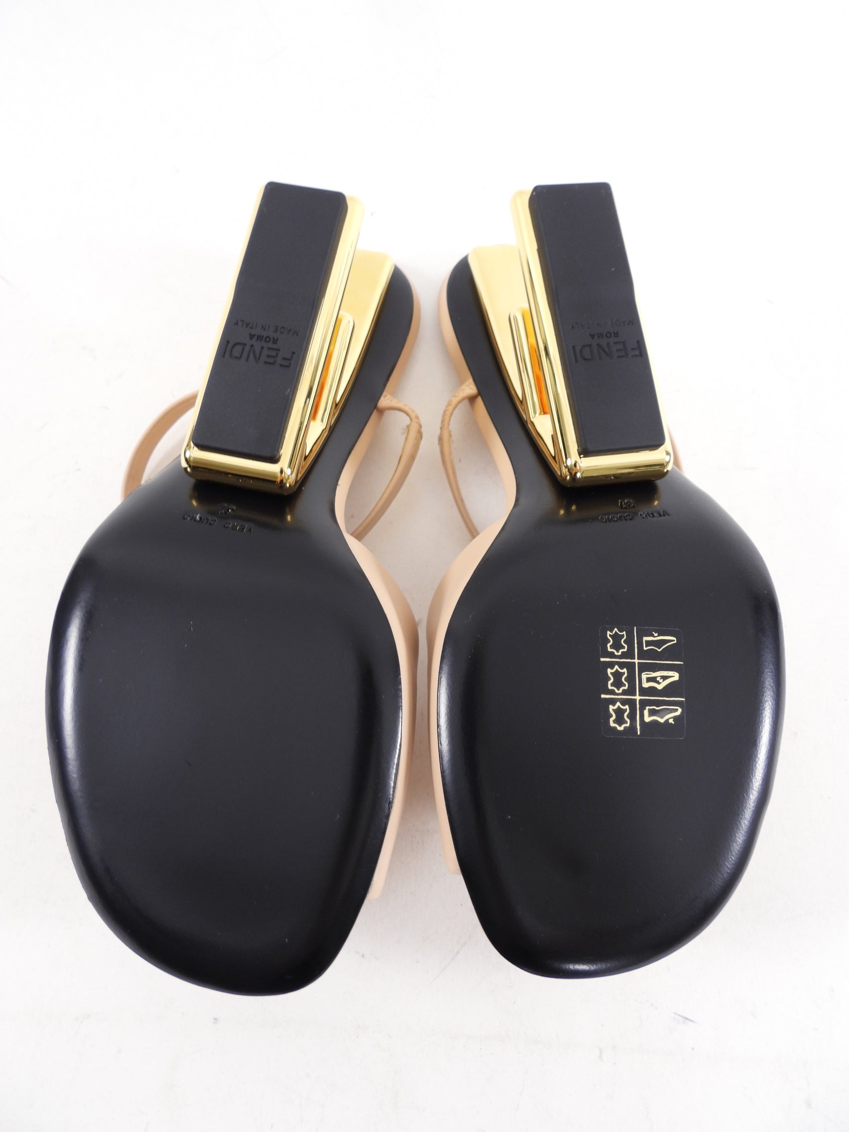 Fendi First Nude Leather Mid Gold Metal Heel Sandals - 37