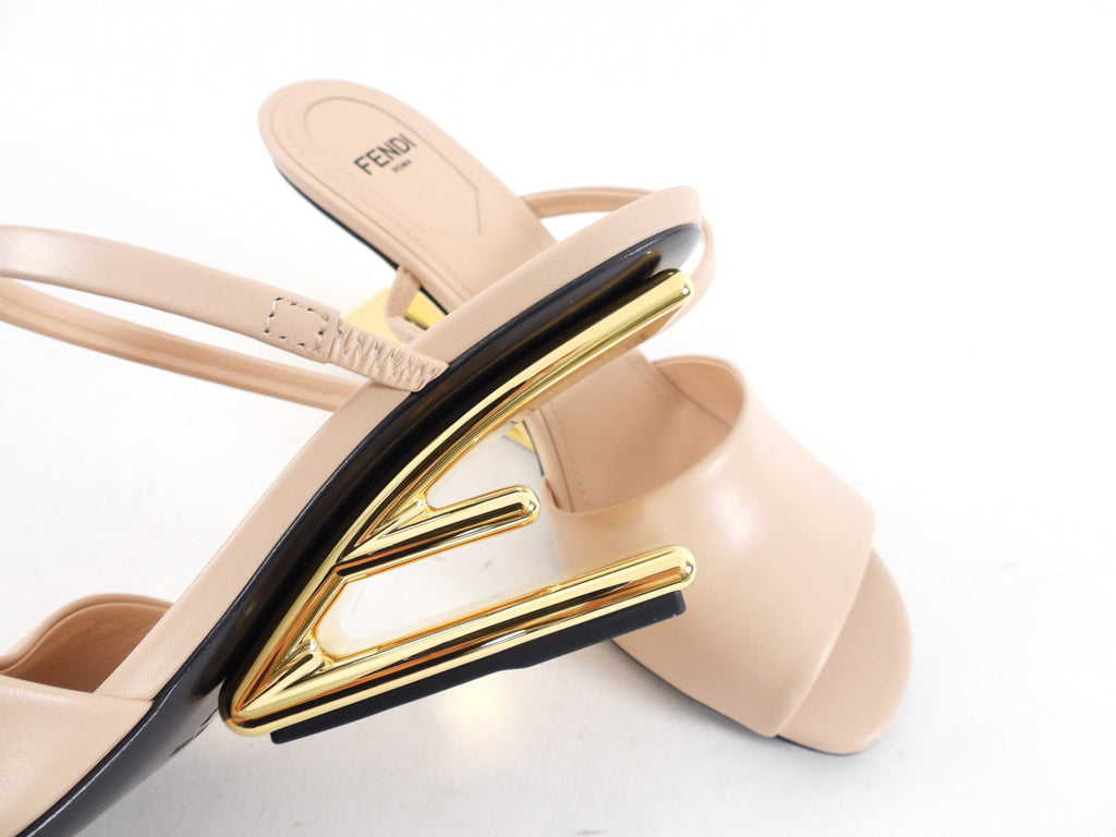 Fendi First Nude Leather Mid Gold Metal Heel Sandals - 37