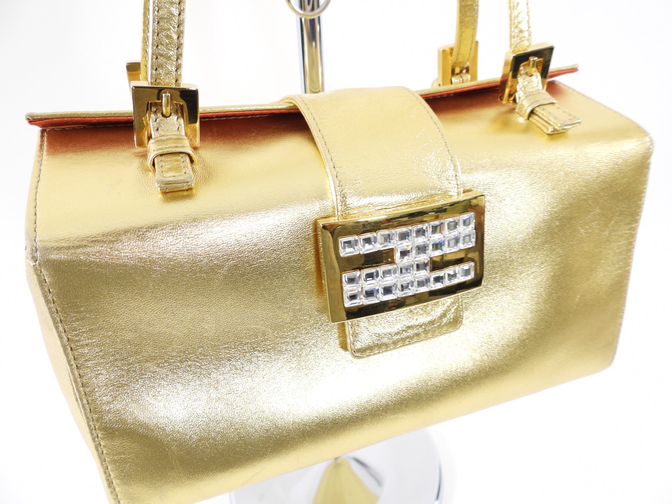 Fendi Vintage Late 1990's Gold Leather Crystal Baguette Box Bag