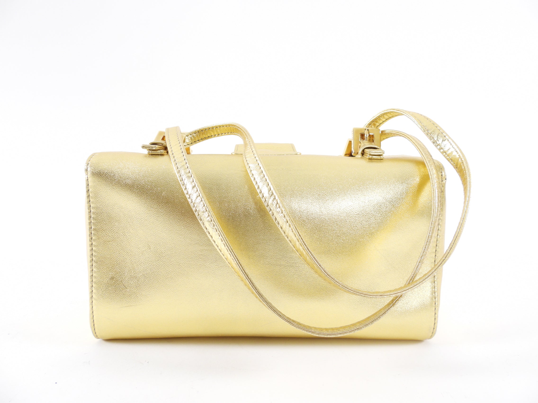 Fendi Vintage Late 1990's Gold Leather Crystal Baguette Box Bag