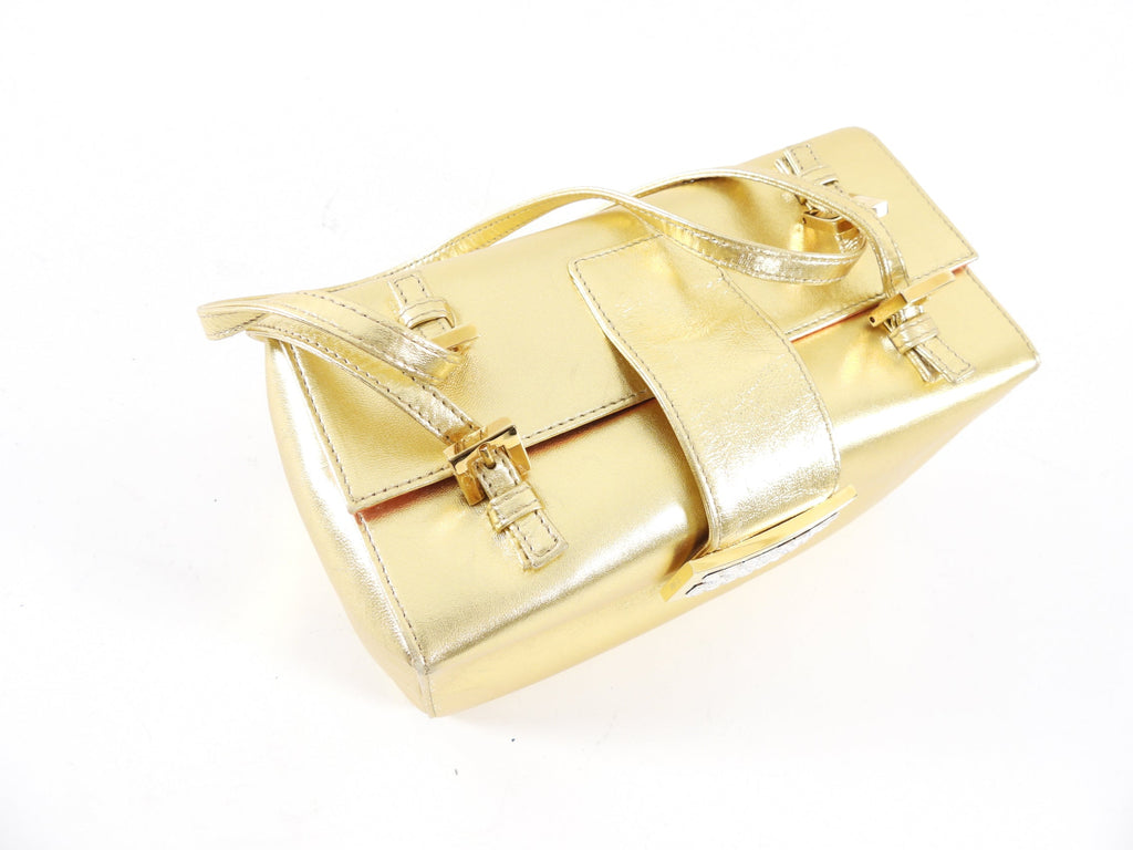 Fendi Vintage Late 1990's Gold Leather Crystal Baguette Box Bag