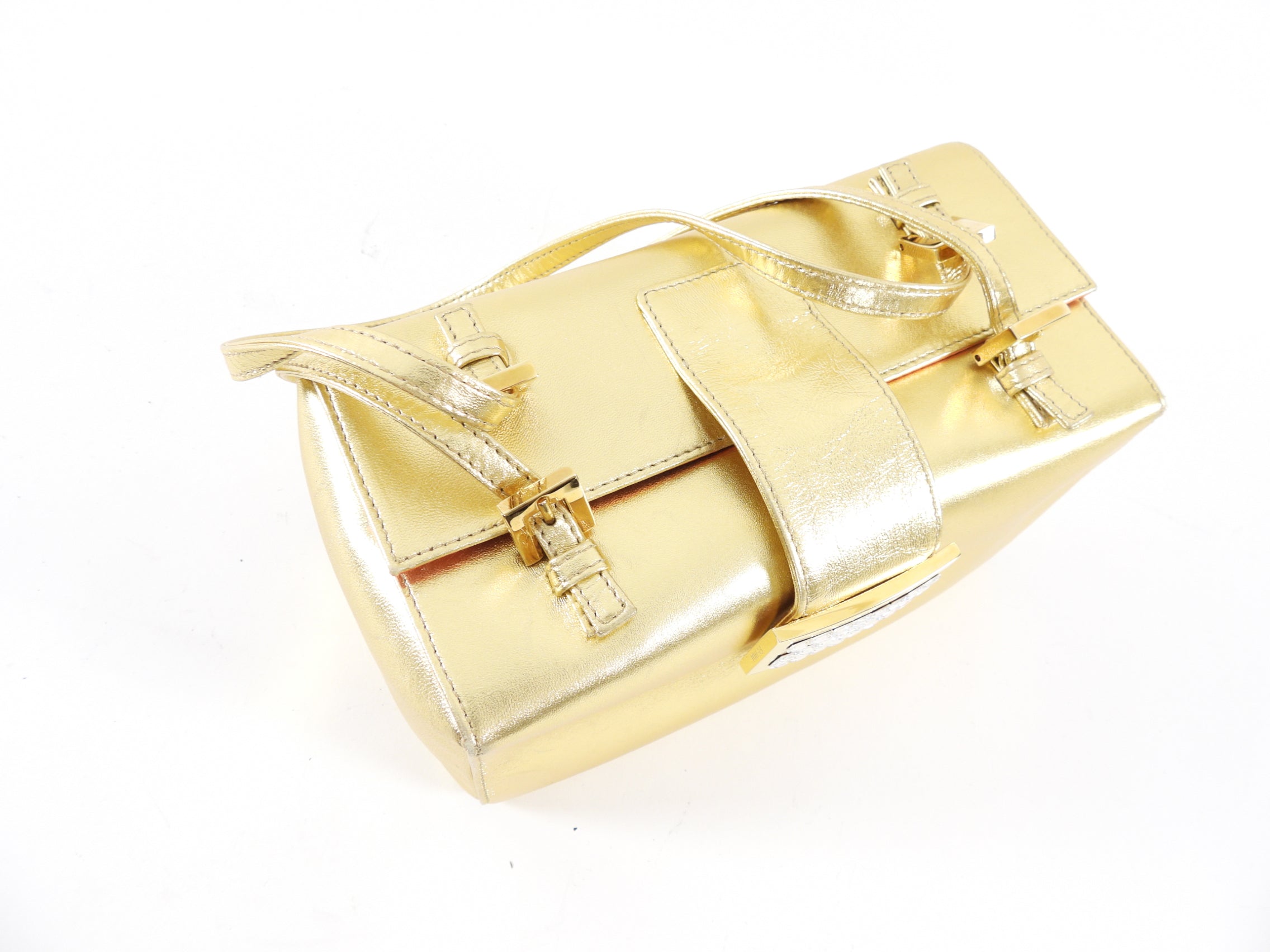 Fendi Vintage Late 1990's Gold Leather Crystal Baguette Box Bag