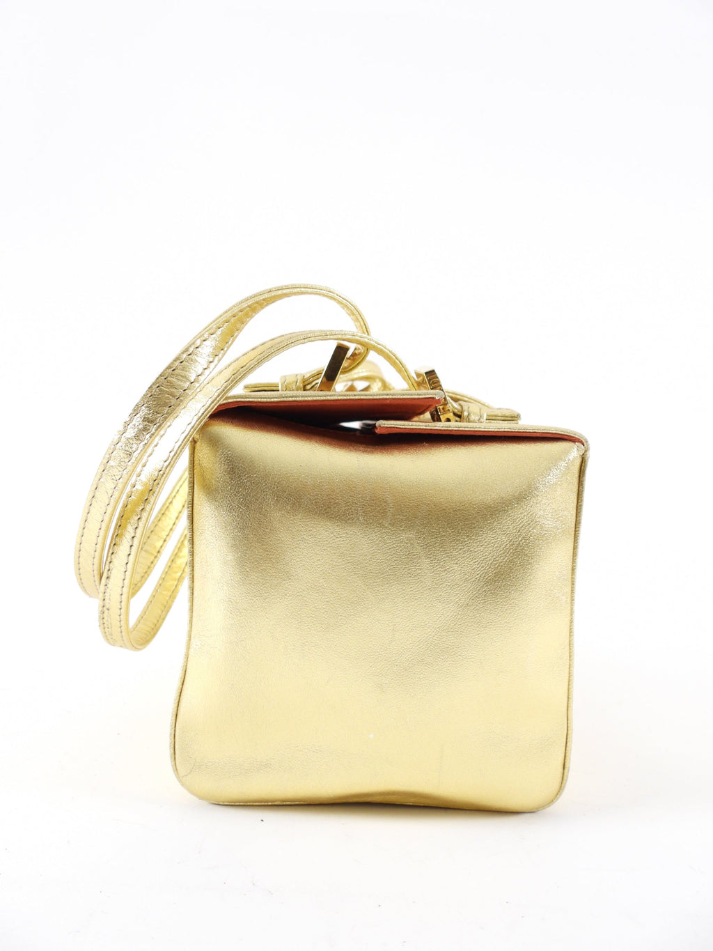 Fendi Vintage Late 1990's Gold Leather Crystal Baguette Box Bag
