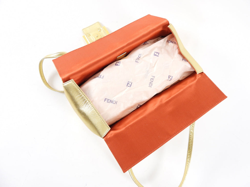 Fendi Vintage Late 1990's Gold Leather Crystal Baguette Box Bag