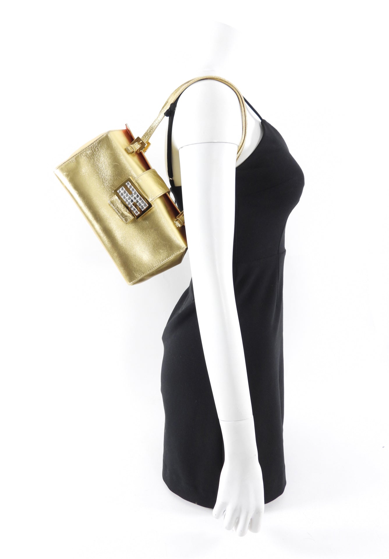 Fendi Vintage Late 1990's Gold Leather Crystal Baguette Box Bag