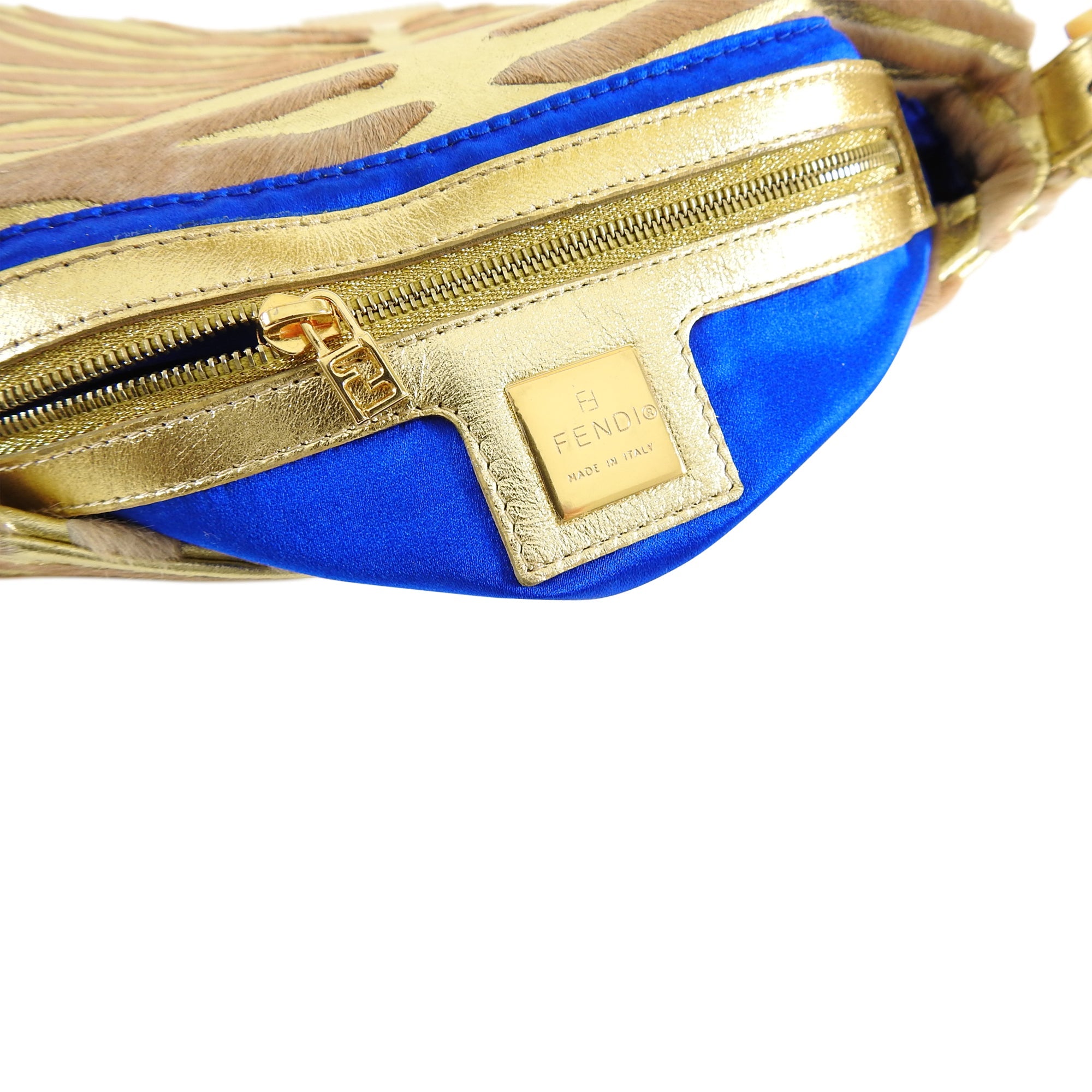Fendi Vintage 1990's Gold Leather and Calf Hair Jewel Baguette Bag