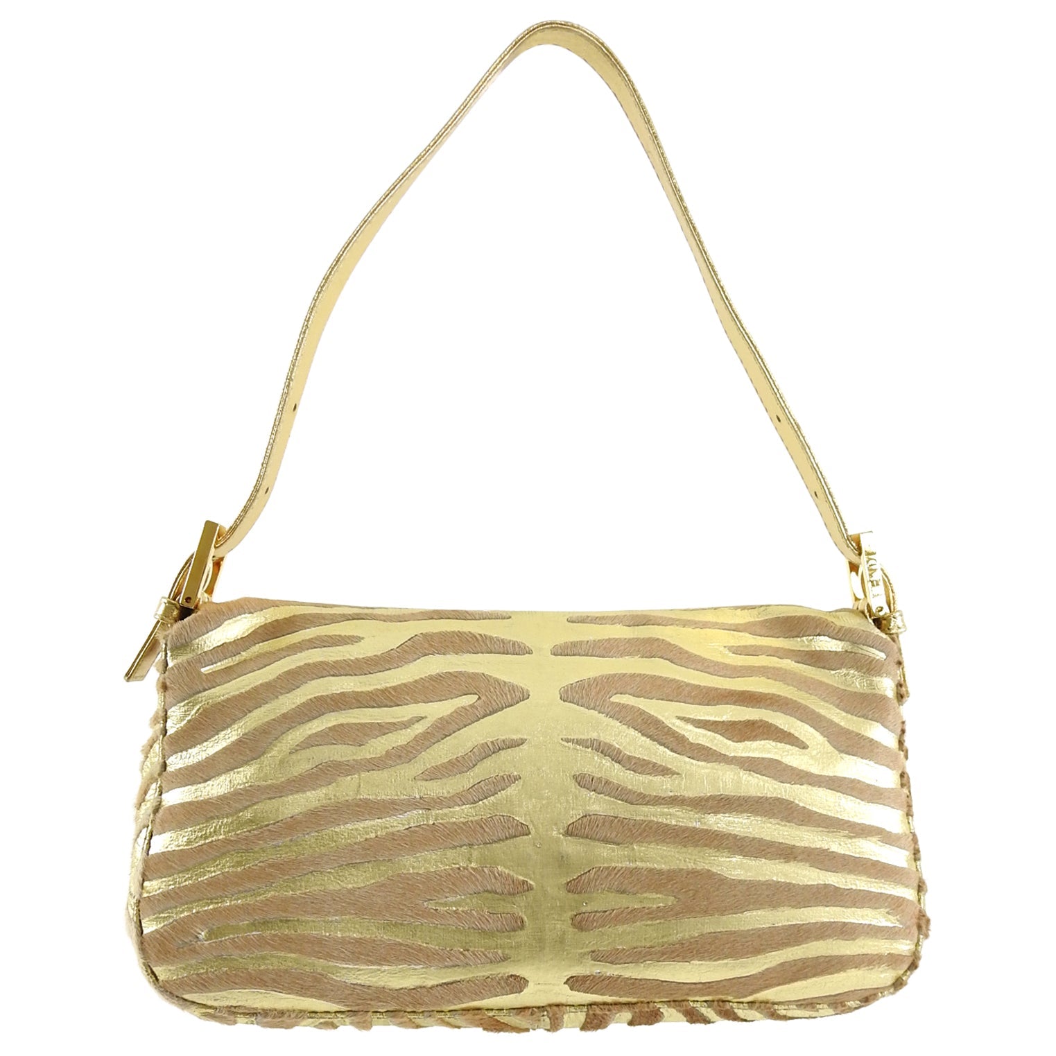 Fendi Vintage 1990's Gold Leather and Calf Hair Jewel Baguette Bag